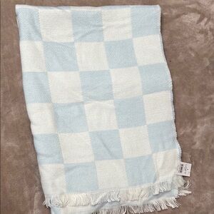 Blue and White Checkered Scarf with Fringe